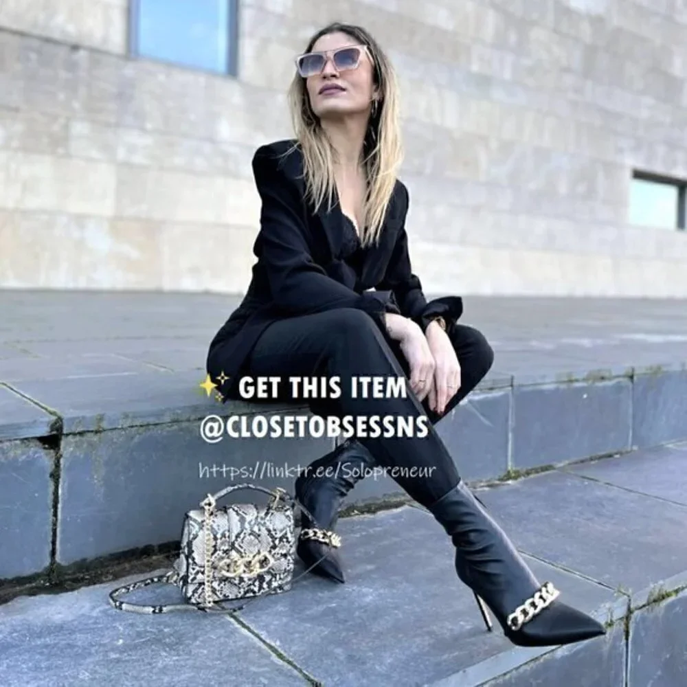 Zara Black Pointed Toe Stiletto Ankle Boots with Gold Chain